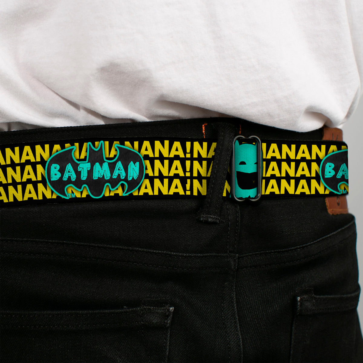 Batman Full Color Black Yellow Seatbelt Belt - Batman Face & Logo Sketch/NANANA! Black/Yellow/Aqua Webbing Seatbelt Belts DC Comics