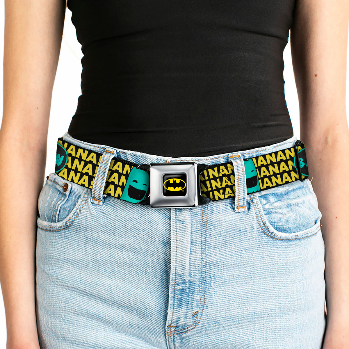 Batman Full Color Black Yellow Seatbelt Belt - Batman Face & Logo Sketch/NANANA! Black/Yellow/Aqua Webbing Seatbelt Belts DC Comics