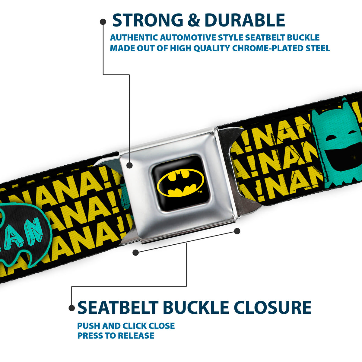 Batman Full Color Black Yellow Seatbelt Belt - Batman Face & Logo Sketch/NANANA! Black/Yellow/Aqua Webbing Seatbelt Belts DC Comics