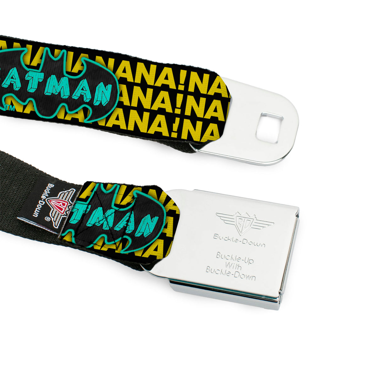 Batman Full Color Black Yellow Seatbelt Belt - Batman Face & Logo Sketch/NANANA! Black/Yellow/Aqua Webbing Seatbelt Belts DC Comics