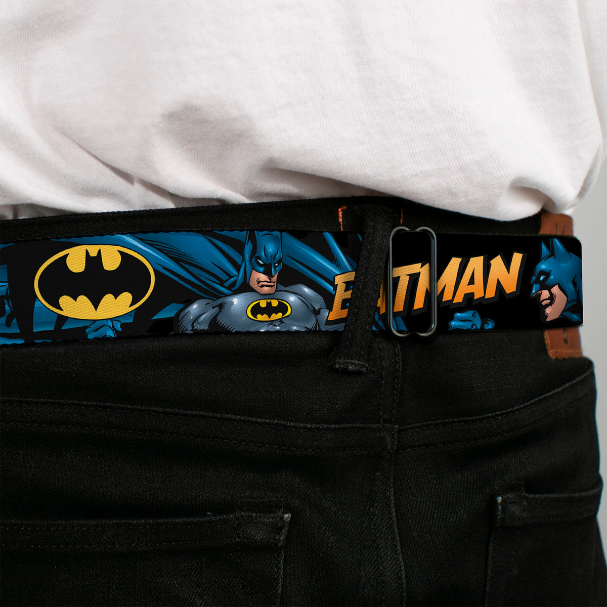 Batman Full Color Black Yellow Seatbelt Belt - BATMAN Action Poses/Bat Signal Black Webbing Seatbelt Belts DC Comics