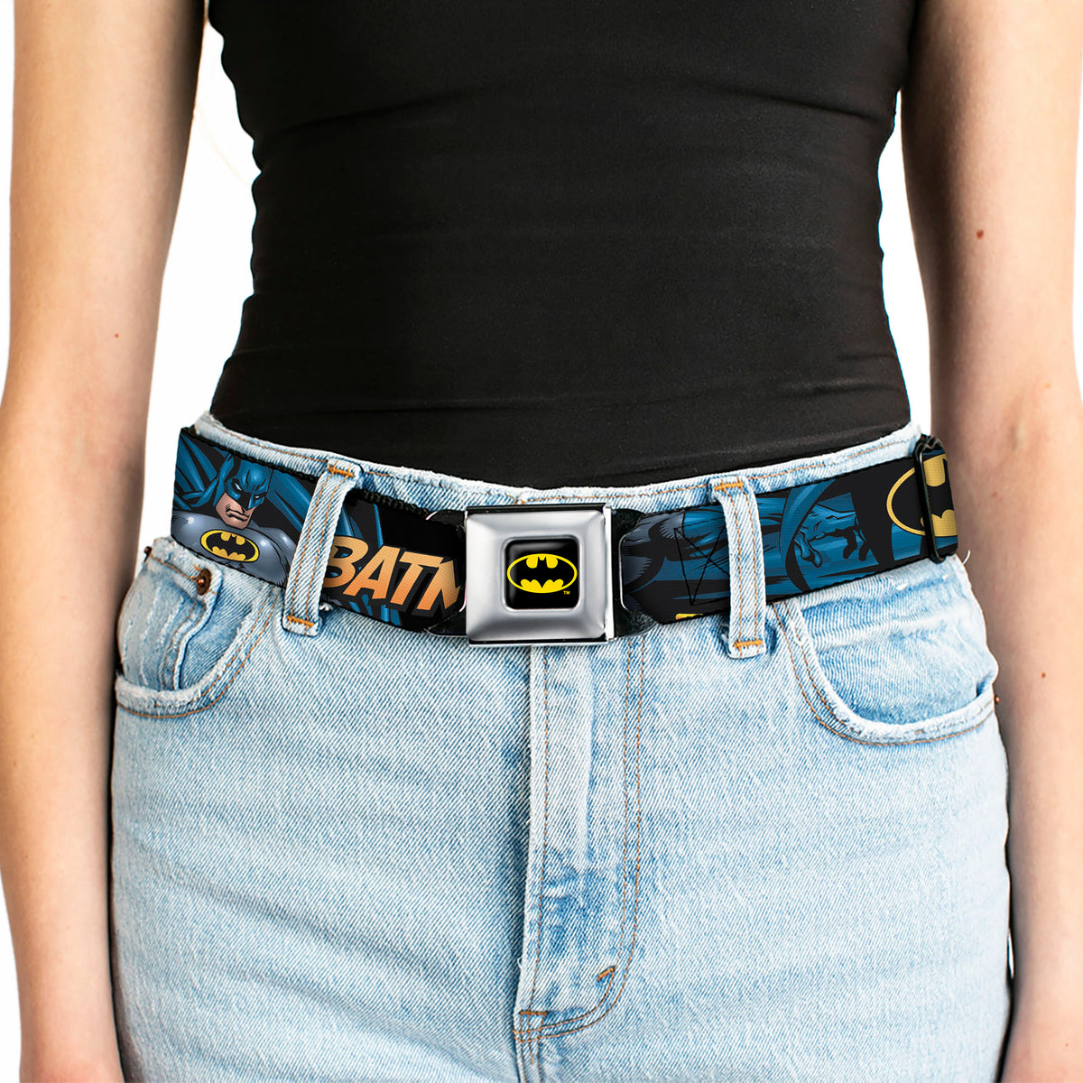 Batman Full Color Black Yellow Seatbelt Belt - BATMAN Action Poses/Bat Signal Black Webbing Seatbelt Belts DC Comics