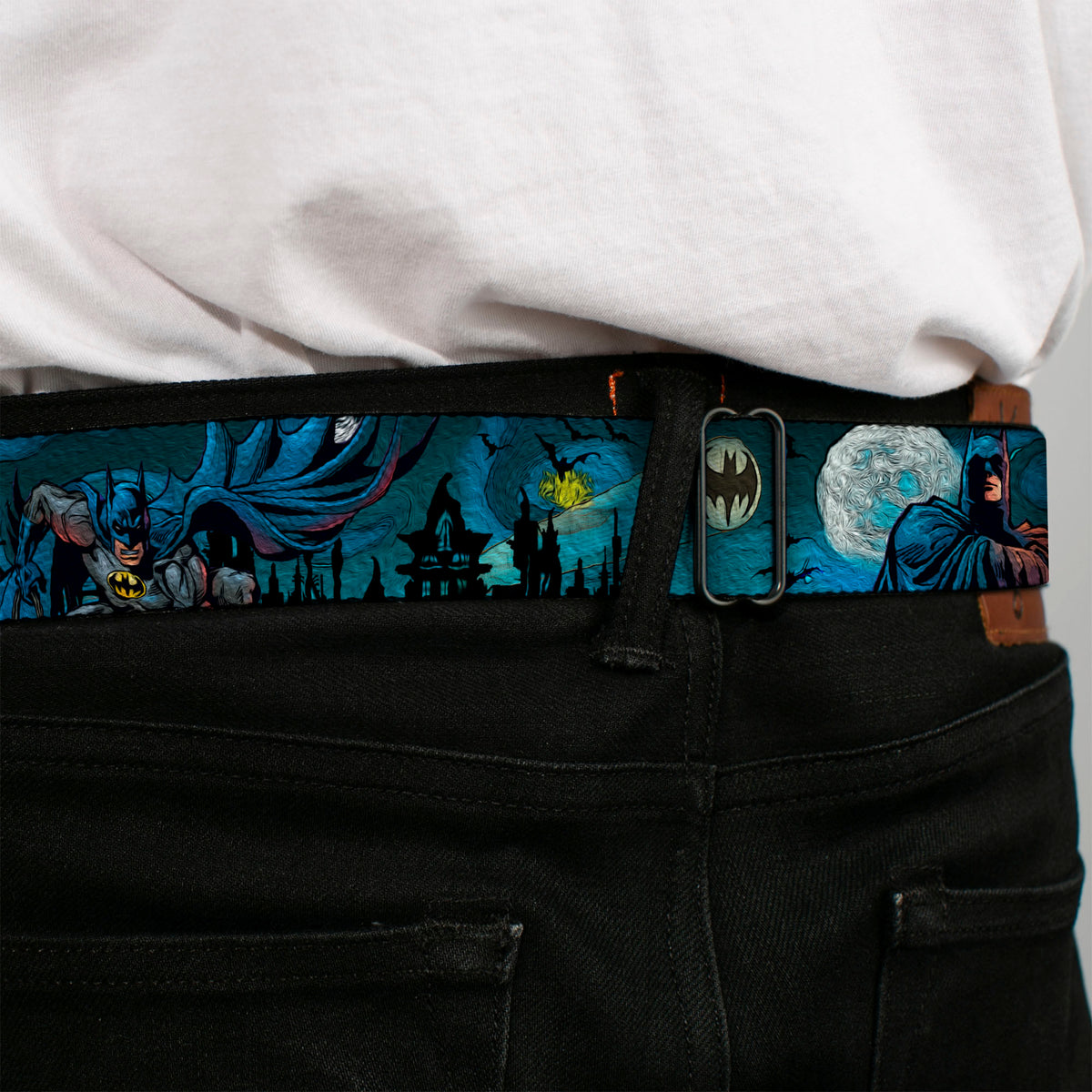 Batman Full Color Black Yellow Seatbelt Belt - Batman Gothic Knights Poses Webbing Seatbelt Belts DC Comics