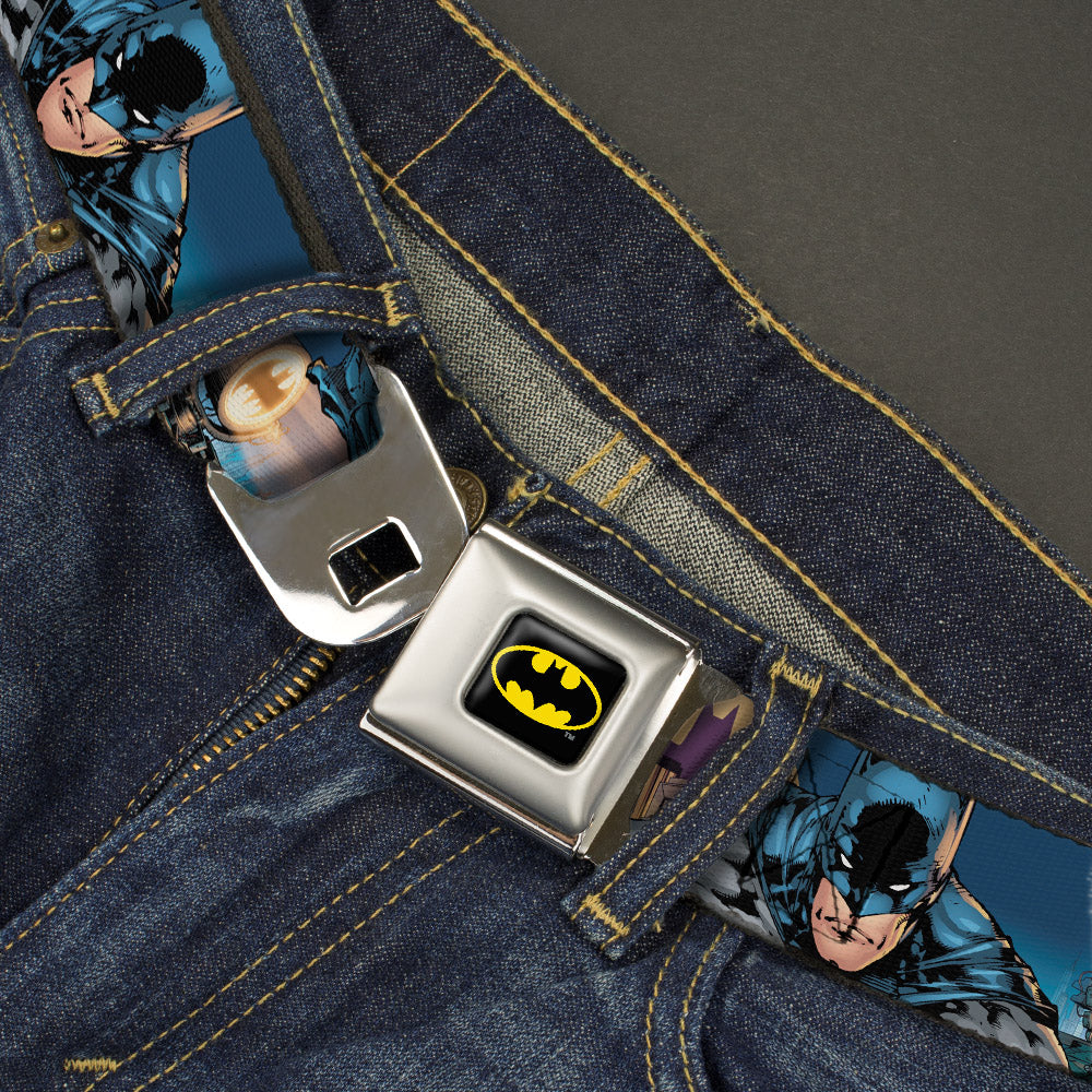 Batman Full Color Black Yellow Seatbelt Belt - Batman 2-Action Poses/Bat Signal Spotlight/Skyline Webbing Seatbelt Belts DC Comics