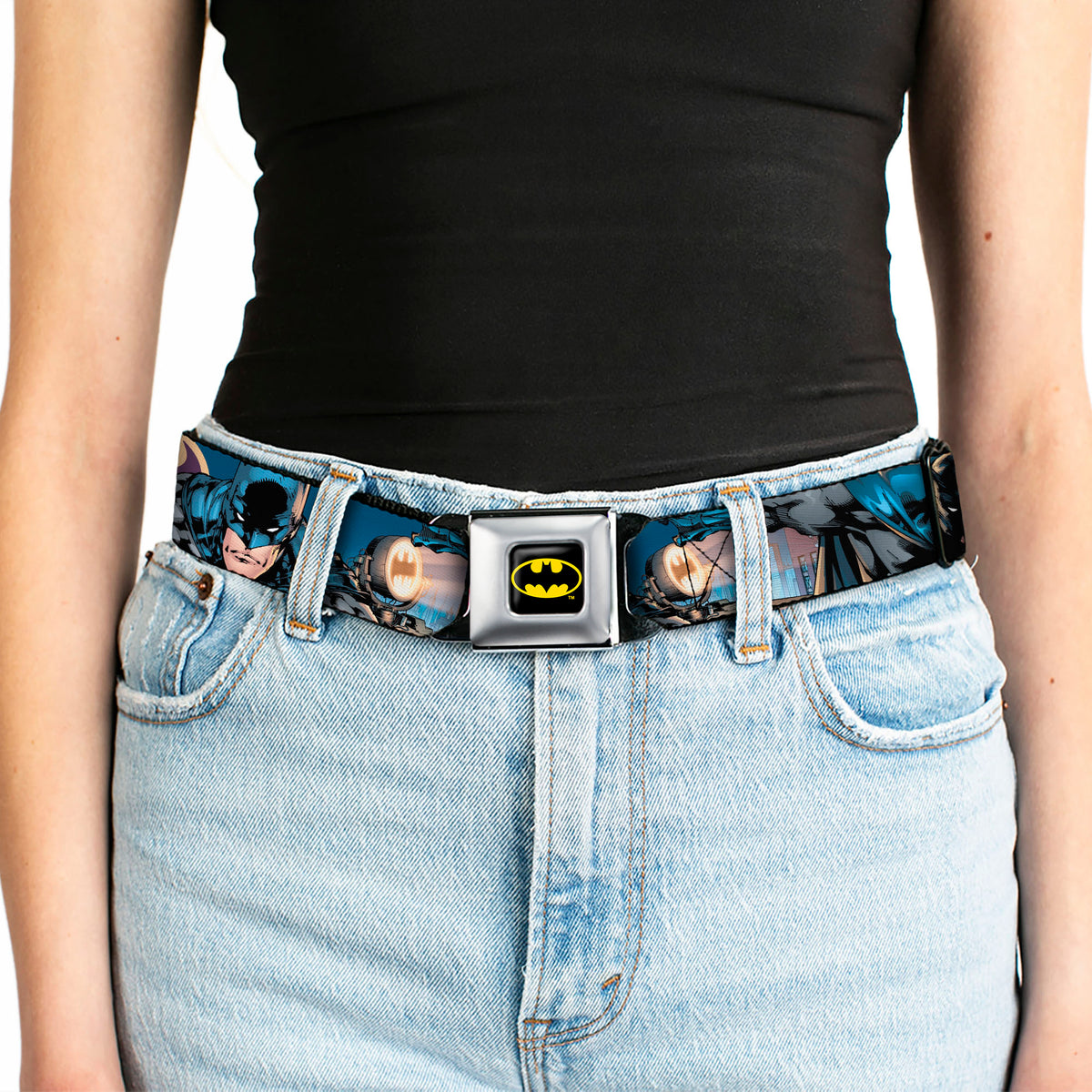 Batman Full Color Black Yellow Seatbelt Belt - Batman 2-Action Poses/Bat Signal Spotlight/Skyline Webbing Seatbelt Belts DC Comics