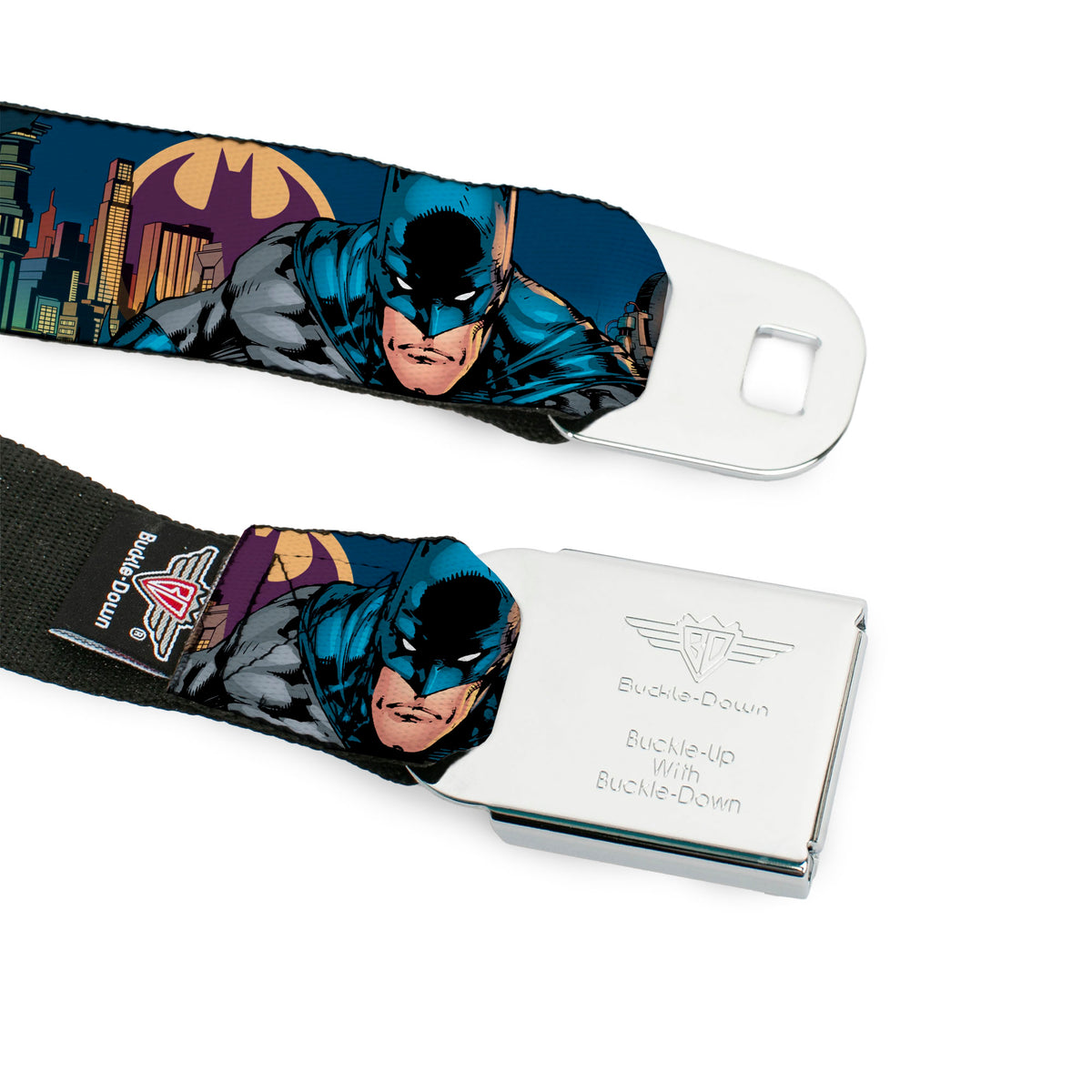 Batman Full Color Black Yellow Seatbelt Belt - Batman 2-Action Poses/Bat Signal Spotlight/Skyline Webbing Seatbelt Belts DC Comics