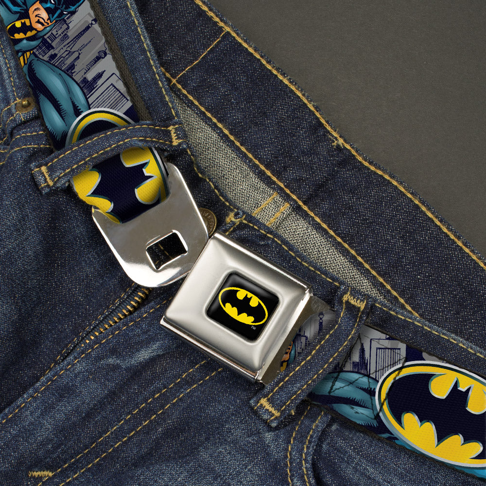 Batman Full Color Black Yellow Seatbelt Belt - Batman Bold Power Pose/Logo/Skyline Grays/Black Webbing Seatbelt Belts DC Comics