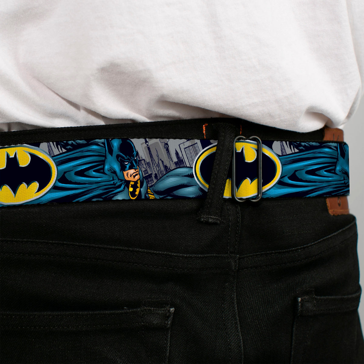 Batman Full Color Black Yellow Seatbelt Belt - Batman Bold Power Pose/Logo/Skyline Grays/Black Webbing Seatbelt Belts DC Comics