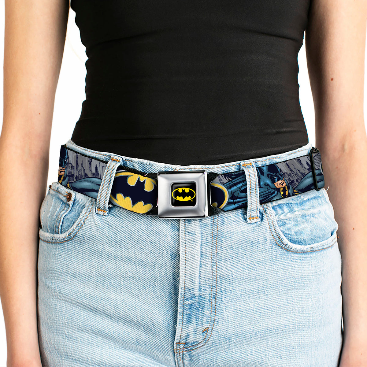 Batman Full Color Black Yellow Seatbelt Belt - Batman Bold Power Pose/Logo/Skyline Grays/Black Webbing Seatbelt Belts DC Comics