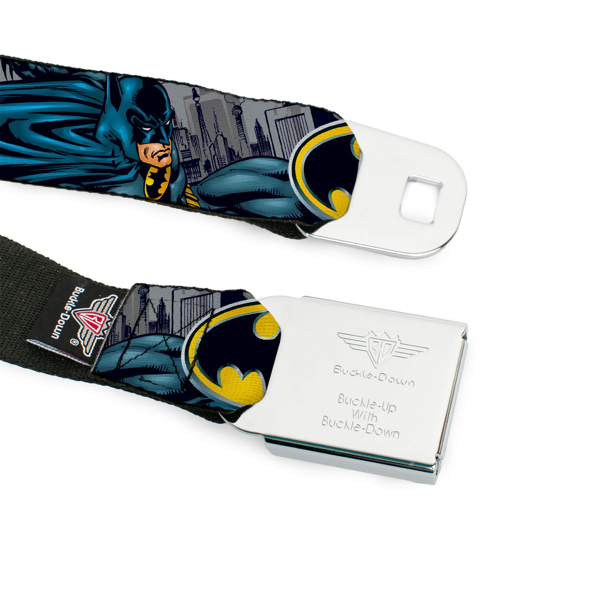 Batman Full Color Black Yellow Seatbelt Belt - Batman Bold Power Pose/Logo/Skyline Grays/Black Webbing Seatbelt Belts DC Comics