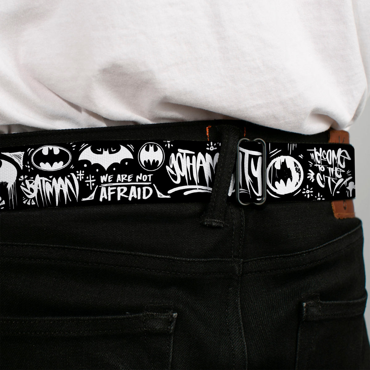 Batman Full Color Black/Yellow Seatbelt Belt - Batman Gotham City Graffiti Collage Black/White Webbing Seatbelt Belts DC Comics