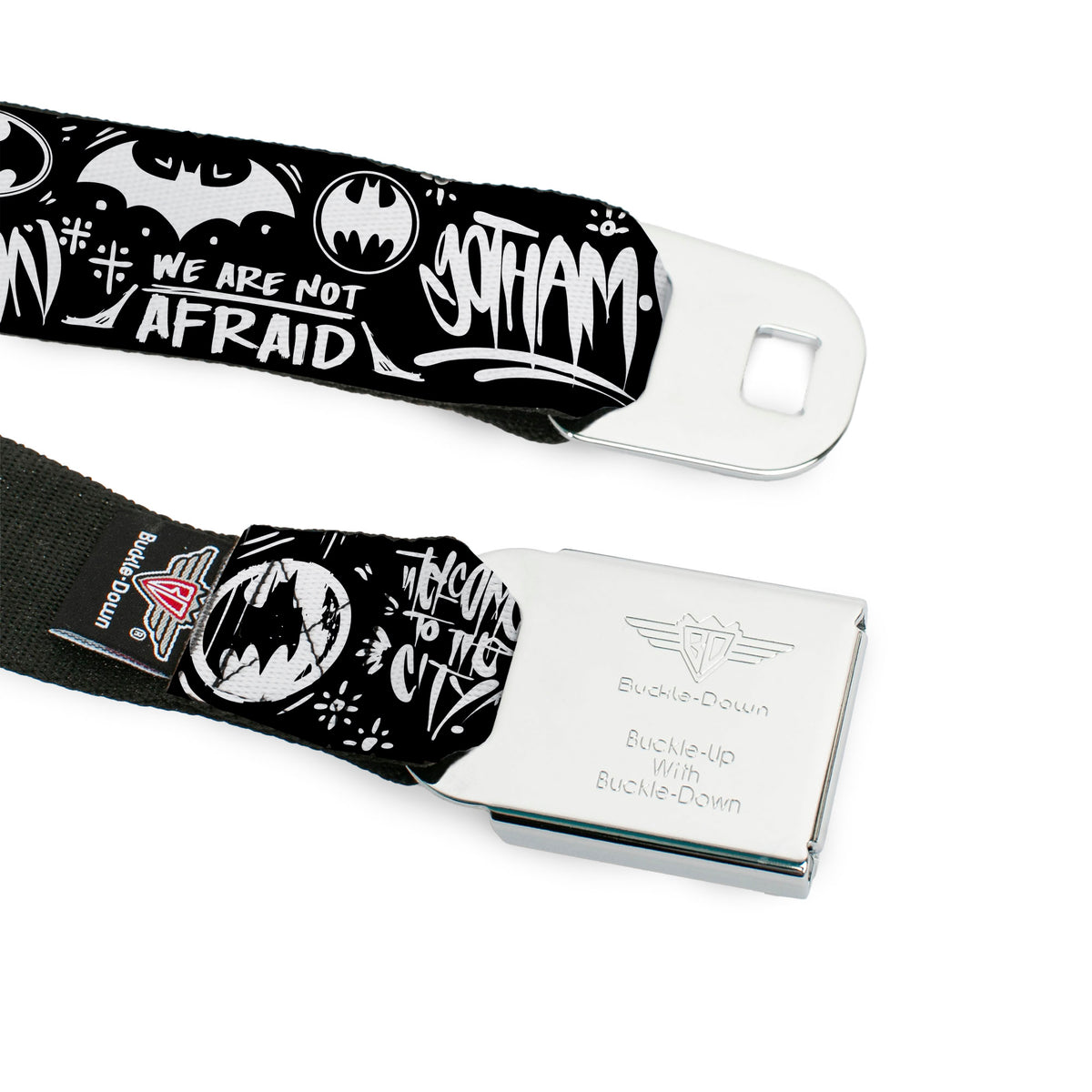 Batman Full Color Black/Yellow Seatbelt Belt - Batman Gotham City Graffiti Collage Black/White Webbing Seatbelt Belts DC Comics