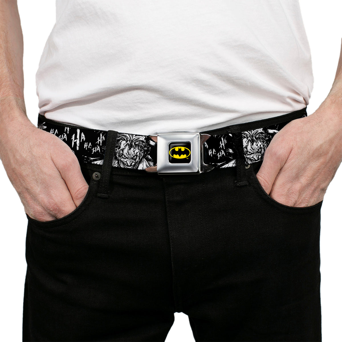 Batman Full Color Black/Yellow Seatbelt Belt - Batman THE DARK KNIGHT and Joker Smiling Sketch Close-Ups Black/White Webbing Seatbelt Belts DC Comics