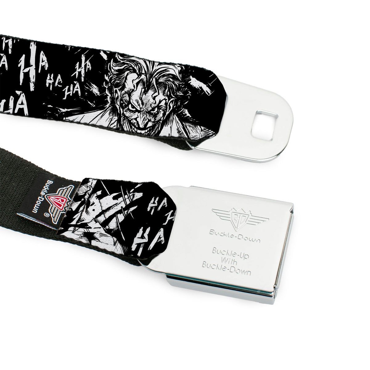 Batman Full Color Black/Yellow Seatbelt Belt - Batman THE DARK KNIGHT and Joker Smiling Sketch Close-Ups Black/White Webbing Seatbelt Belts DC Comics