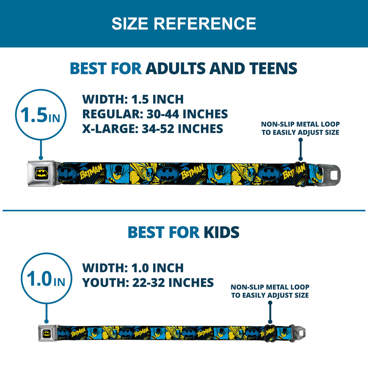 Batman Full Color Black/Yellow Seatbelt Belt - BATMAN Poses and Logo Collage Black/Blue/Yellow Webbing Seatbelt Belts DC Comics