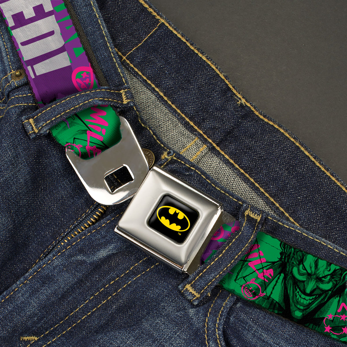 Batman Full Color Black/Yellow Seatbelt Belt - THE JOKER WANTED Smiling Pose and Graffiti Purples/Greens Webbing Seatbelt Belts DC Comics
