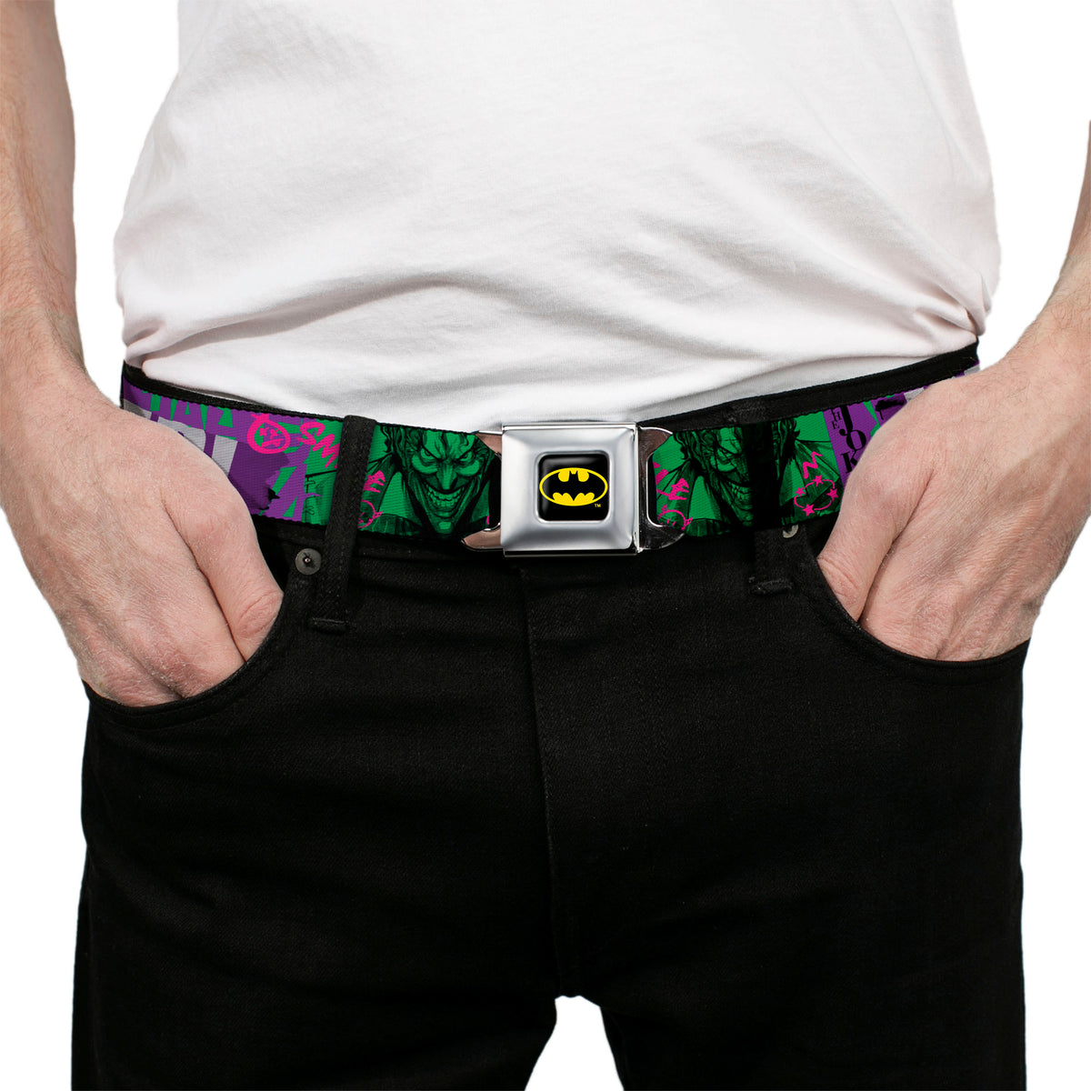 Batman Full Color Black/Yellow Seatbelt Belt - THE JOKER WANTED Smiling Pose and Graffiti Purples/Greens Webbing Seatbelt Belts DC Comics