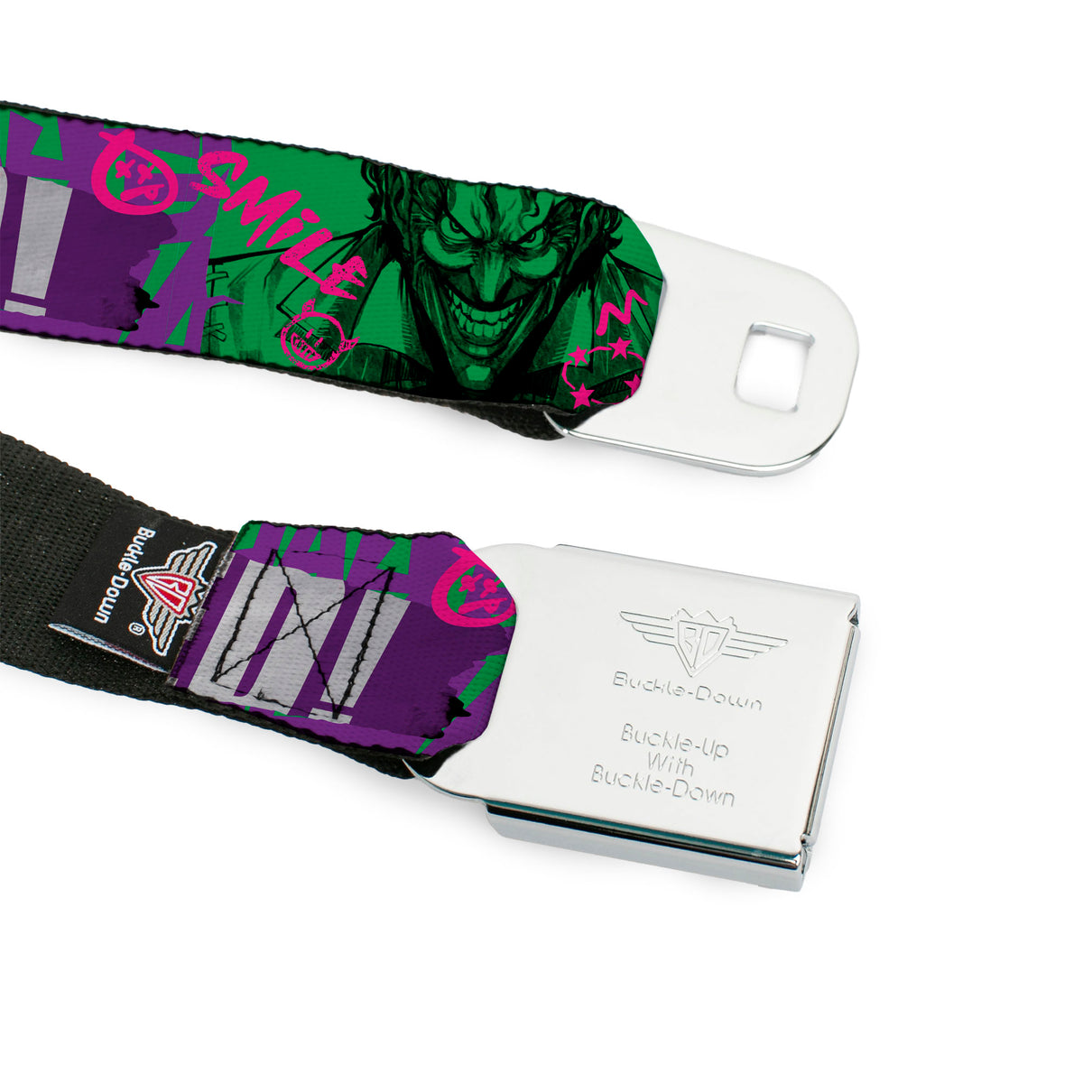 Batman Full Color Black/Yellow Seatbelt Belt - THE JOKER WANTED Smiling Pose and Graffiti Purples/Greens Webbing Seatbelt Belts DC Comics