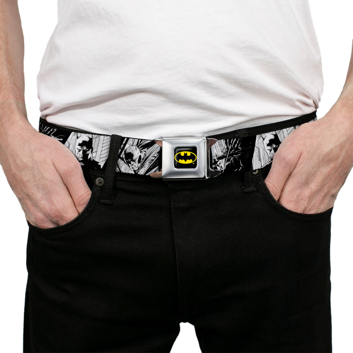 Batman Full Color Black/Yellow Seatbelt Belt - Batman Hush Pose Sketches Black/White Webbing Seatbelt Belts DC Comics