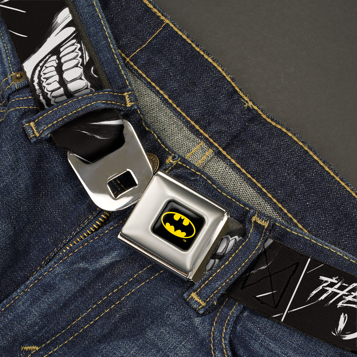 Batman Full Color Black/Yellow Seatbelt Belt - THE JOKER Smiling Eyes Sketch Close-Up Black/White Webbing Seatbelt Belts DC Comics