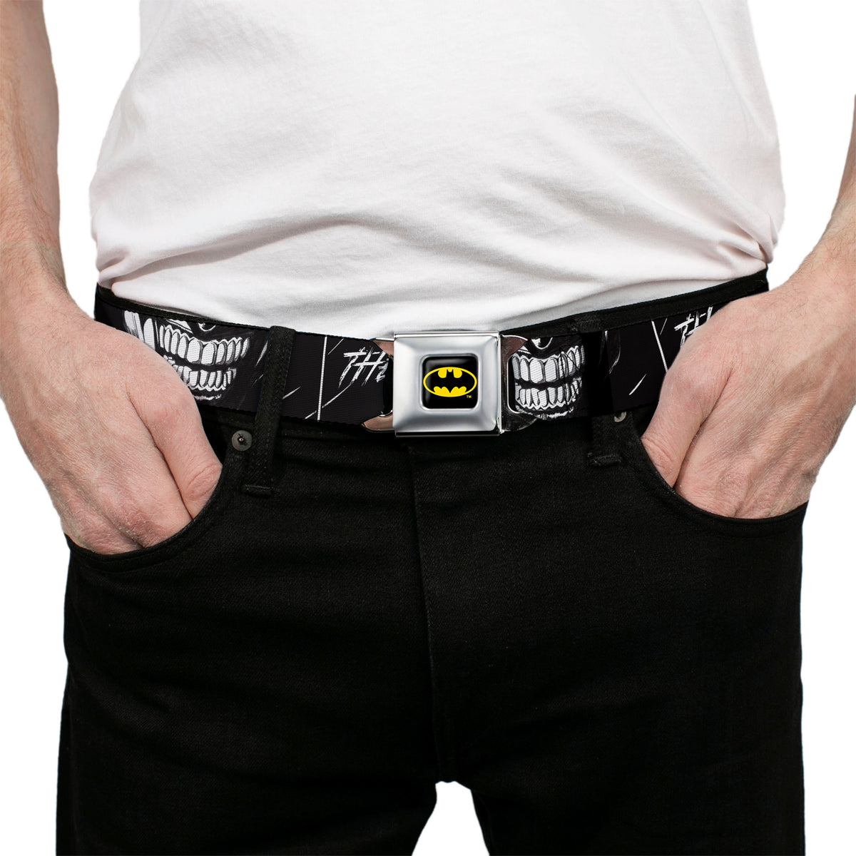 Batman Full Color Black/Yellow Seatbelt Belt - THE JOKER Smiling Eyes Sketch Close-Up Black/White Webbing Seatbelt Belts DC Comics