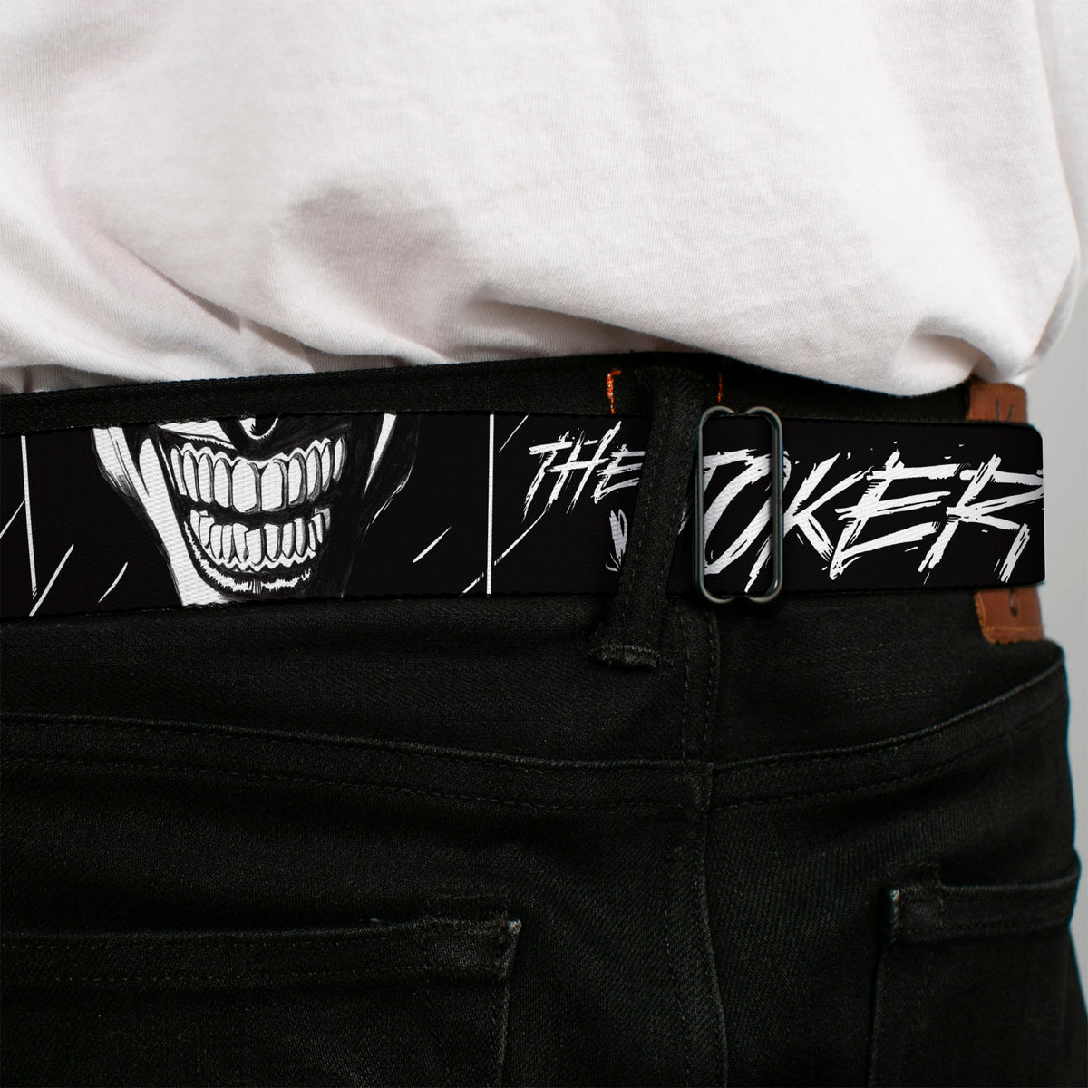 Batman Full Color Black/Yellow Seatbelt Belt - THE JOKER Smiling Eyes Sketch Close-Up Black/White Webbing Seatbelt Belts DC Comics