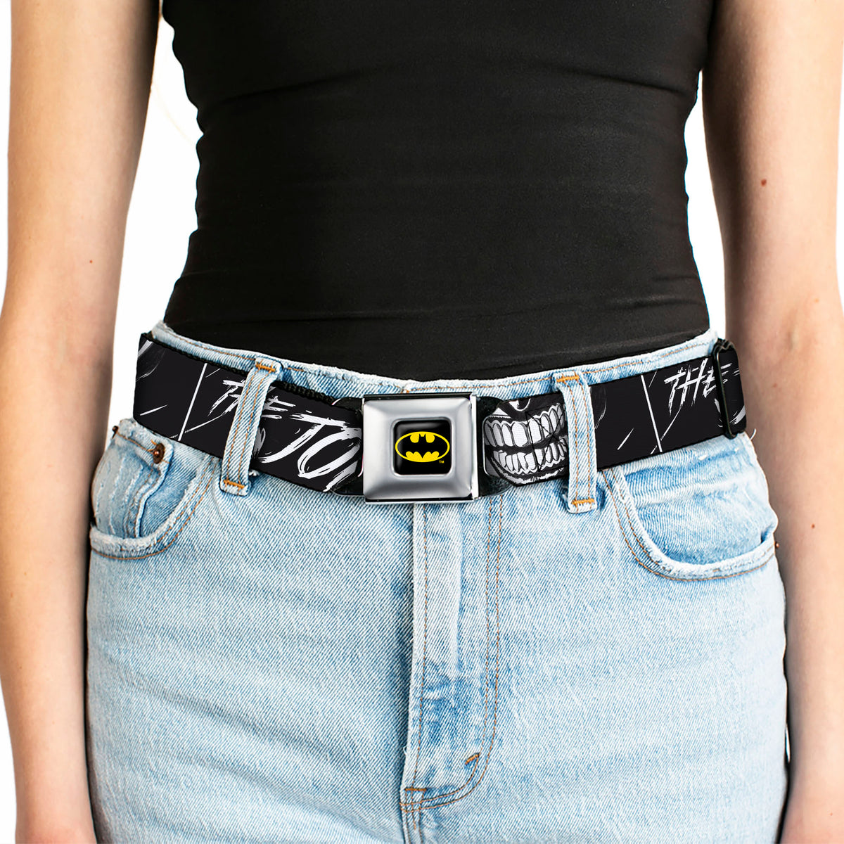 Batman Full Color Black/Yellow Seatbelt Belt - THE JOKER Smiling Eyes Sketch Close-Up Black/White Webbing Seatbelt Belts DC Comics