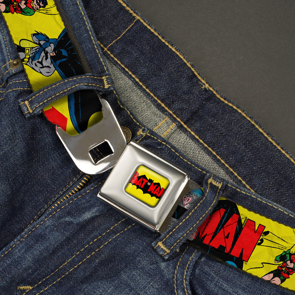 Classic BATMAN Comic Logo Full Color Yellow Black Red Seatbelt Belt - Classic BATMAN Issue #1 Robin & Batman Cover Pose Yellow/Red Webbing Seatbelt Belts DC Comics