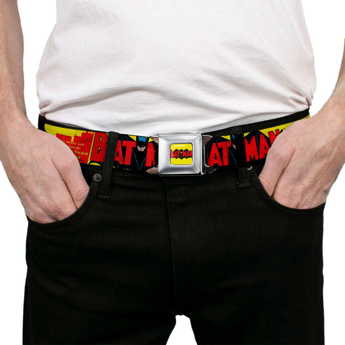 Classic BATMAN Comic Logo Full Color Yellow Black Red Seatbelt Belt - Classic BATMAN Issue #1 Robin & Batman Cover Pose Yellow/Red Webbing Seatbelt Belts DC Comics