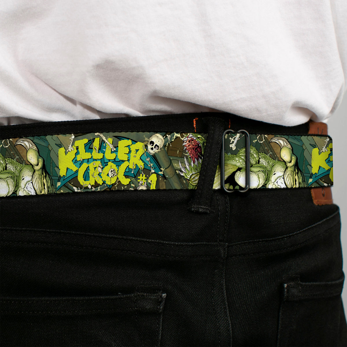DC COMICS FOREVER EVIL Full Color Black Gray Seatbelt Belt - Batman & Robin Forever Evil Issue 23.4 KILLER CROC #1 Cover Pose Greens Webbing Seatbelt Belts DC Comics