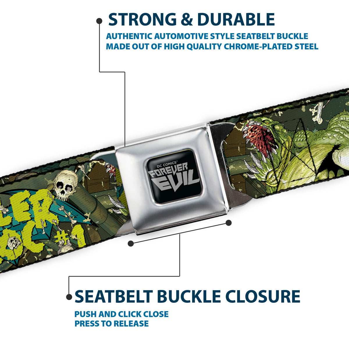 DC COMICS FOREVER EVIL Full Color Black Gray Seatbelt Belt - Batman & Robin Forever Evil Issue 23.4 KILLER CROC #1 Cover Pose Greens Webbing Seatbelt Belts DC Comics