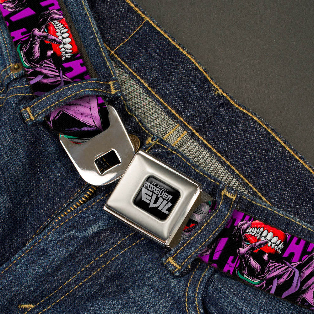 DC COMICS FOREVER EVIL Full Color Black Gray Seatbelt Belt - Detective Comics Joker Holding Teeth Issue 23.1 Cover Pose/HA! HA! HA! Black/Purples Webbing Seatbelt Belts DC Comics