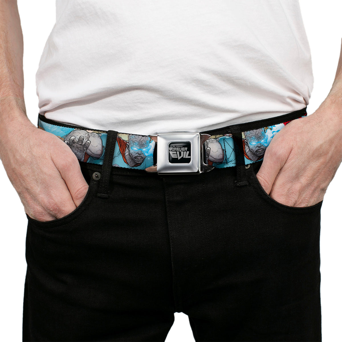 DC COMICS FOREVER EVIL Full Color Black Gray Seatbelt Belt - Superman Forever Evil Issue 23.1 BIZARRO #1 Cover Pose Blues/Red Webbing Seatbelt Belts DC Comics