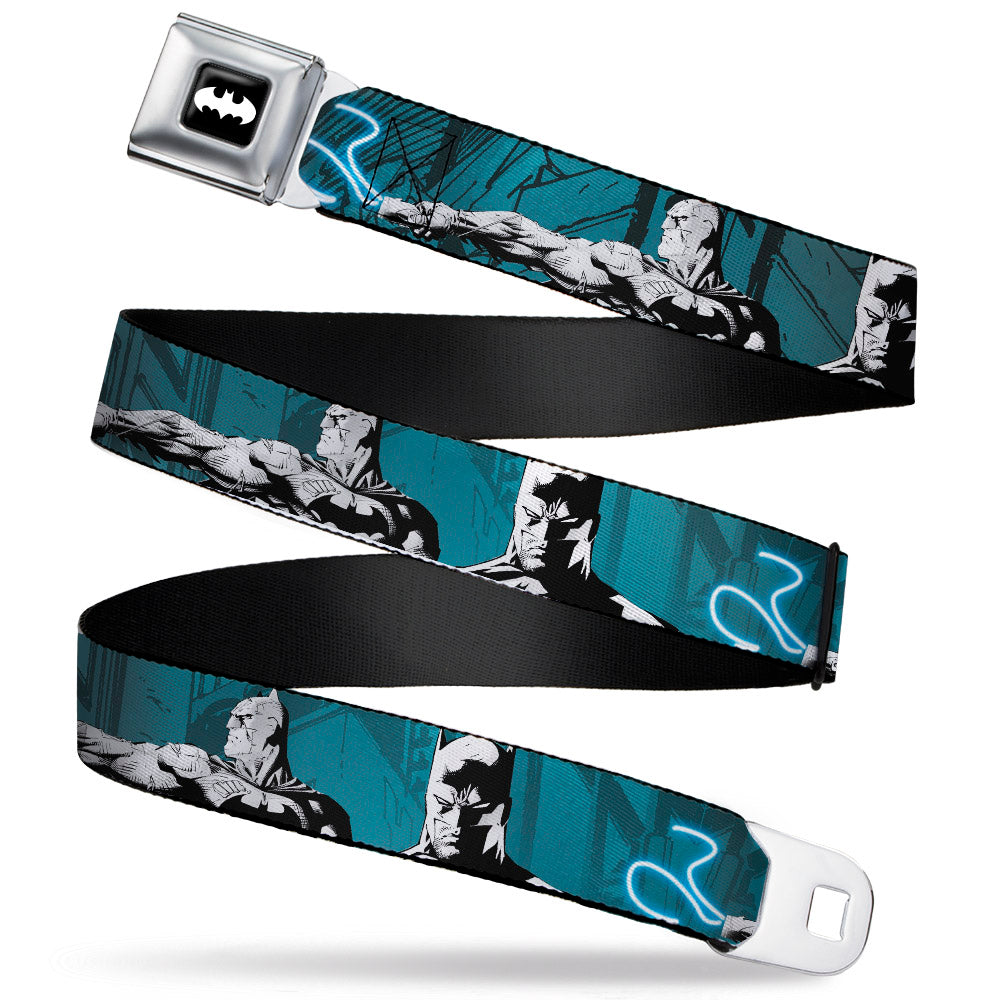 Batman Signal Full Color Black/White Seatbelt Belt - Batman Hush Grappling Hook/Standing Poses Aqua/Black/Grays Webbing Seatbelt Belts DC Comics
