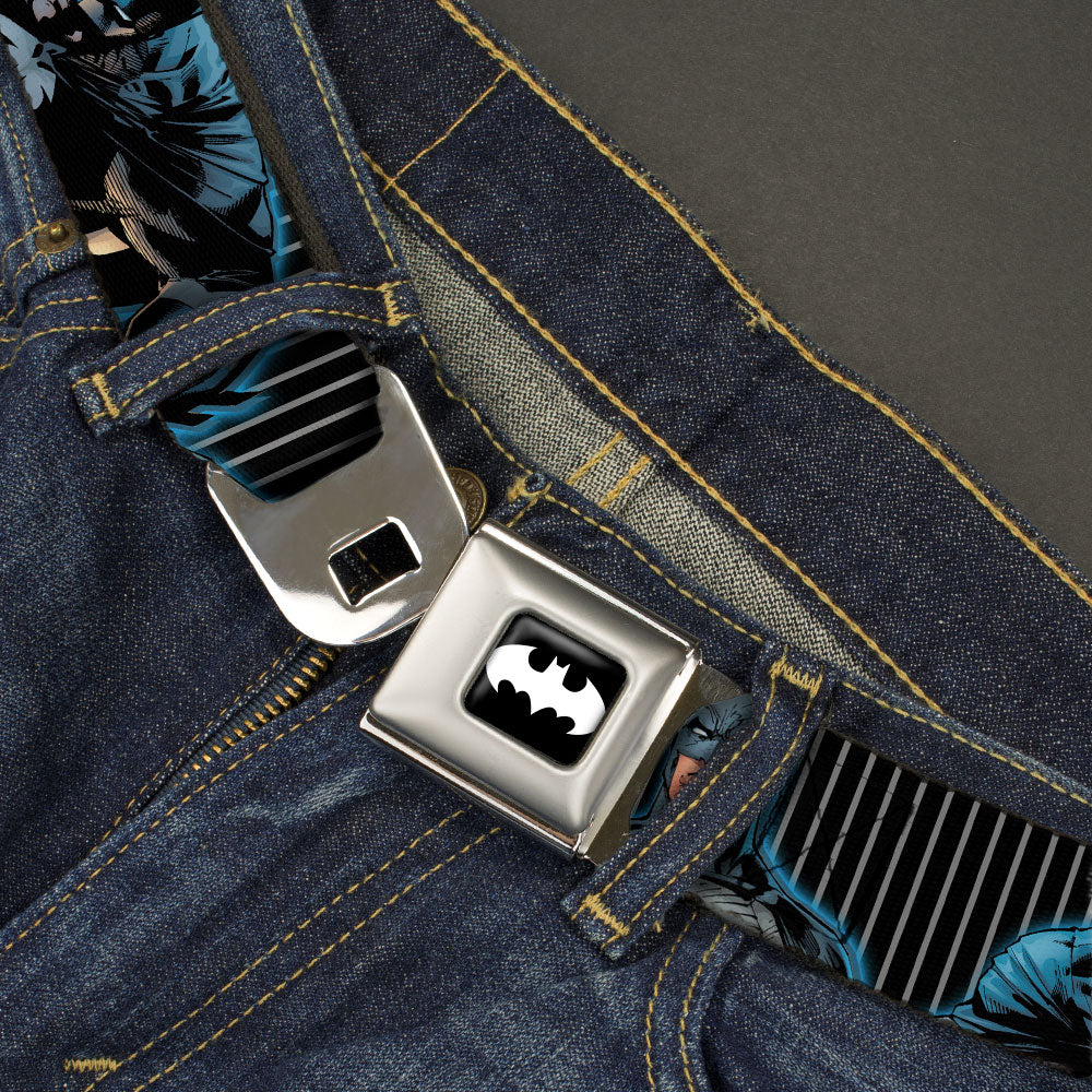 Batman Signal Full Color Black/White Seatbelt Belt - Batman Standing/Crouching Poses Stripe Black/Gray Webbing Seatbelt Belts DC Comics