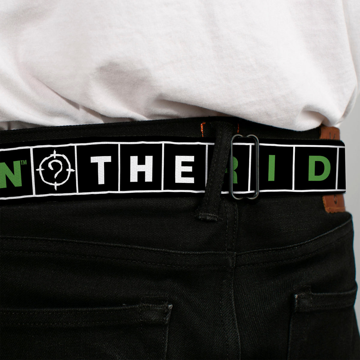 The Batman Movie Batman and Riddler Target Logo Full Color Black/Green Seatbelt Belt - The Batman Movie Crossword Puzzle Black/White/Green Webbing Seatbelt Belts DC Comics