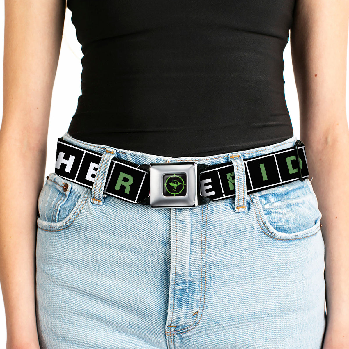 The Batman Movie Batman and Riddler Target Logo Full Color Black/Green Seatbelt Belt - The Batman Movie Crossword Puzzle Black/White/Green Webbing Seatbelt Belts DC Comics