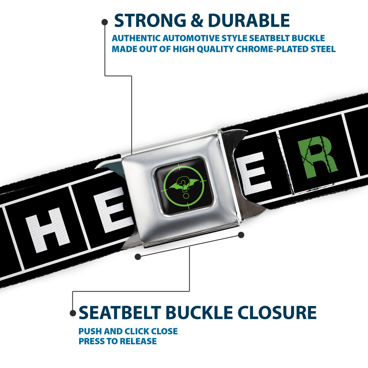The Batman Movie Batman and Riddler Target Logo Full Color Black/Green Seatbelt Belt - The Batman Movie Crossword Puzzle Black/White/Green Webbing Seatbelt Belts DC Comics