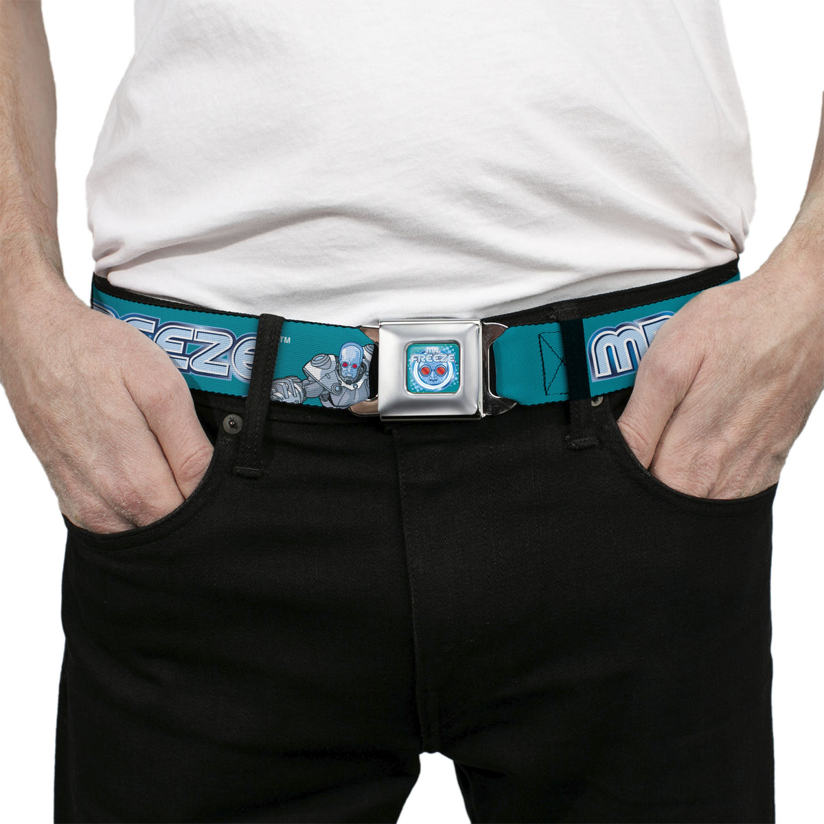 MR. FREEZE Title Logo and Face Full Color Blues Seatbelt Belt - DC Batman Villain MR. FREEZE Poses and Title Logo Blues Webbing Seatbelt Belts DC Comics