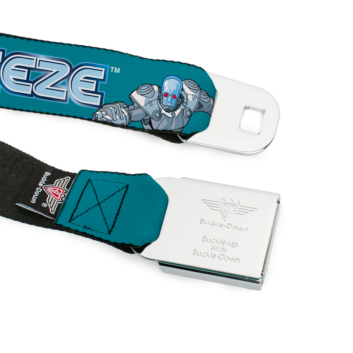 MR. FREEZE Title Logo and Face Full Color Blues Seatbelt Belt - DC Batman Villain MR. FREEZE Poses and Title Logo Blues Webbing Seatbelt Belts DC Comics