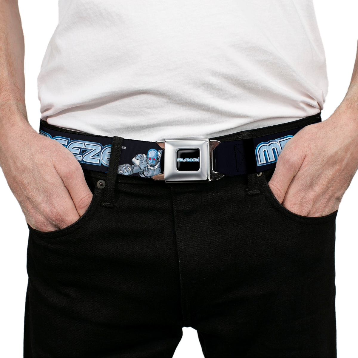 MR. FREEZE Title Logo Full Color Black Seatbelt Belt - DC Batman Villain MR. FREEZE Poses and Title Logo Black/Blues Webbing Seatbelt Belts DC Comics