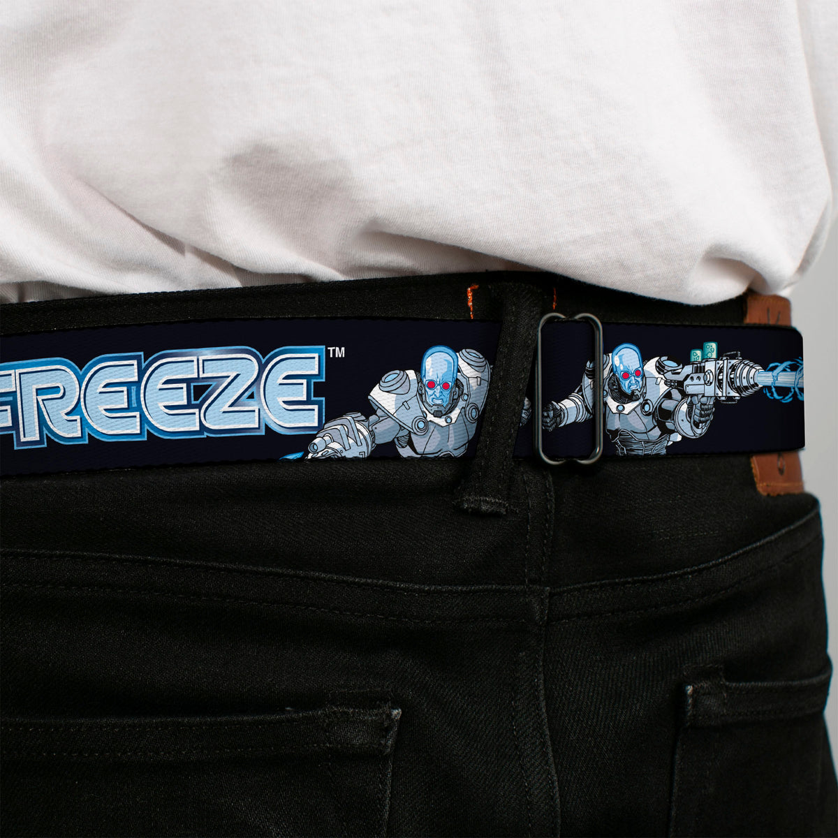 MR. FREEZE Title Logo Full Color Black Seatbelt Belt - DC Batman Villain MR. FREEZE Poses and Title Logo Black/Blues Webbing Seatbelt Belts DC Comics