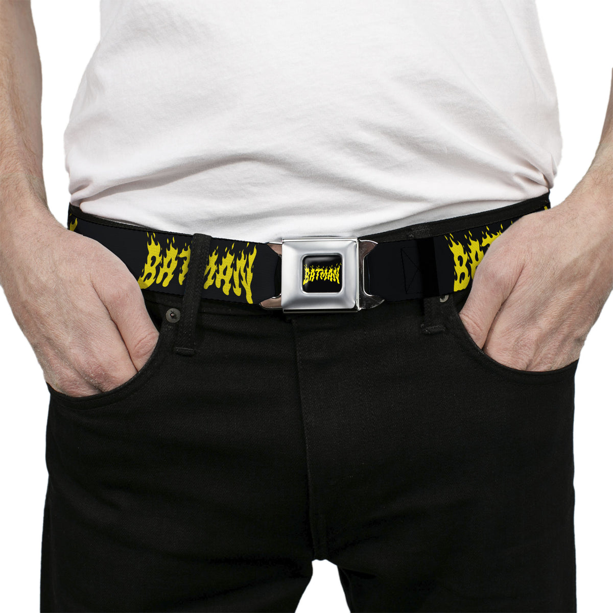 BATMAN Flame Text Full Color Black/Yellow Seatbelt Belt - BATMAN Flame Text Black/Yellow Webbing Seatbelt Belts DC Comics