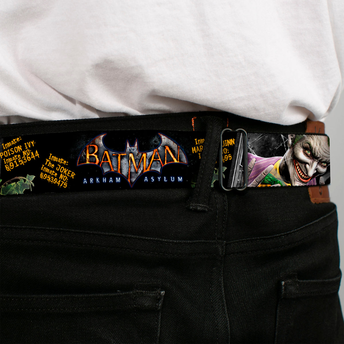 Batman Full Color Black Silver Black Seatbelt Belt - BATMAN ARKHAM ASYLUM Patients Joker/Poison Ivy/Harley Quinn Webbing Seatbelt Belts DC Comics