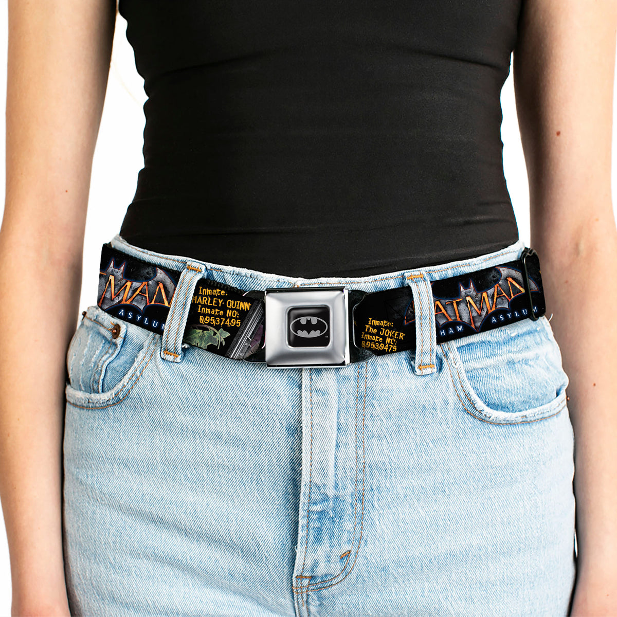 Batman Full Color Black Silver Black Seatbelt Belt - BATMAN ARKHAM ASYLUM Patients Joker/Poison Ivy/Harley Quinn Webbing Seatbelt Belts DC Comics