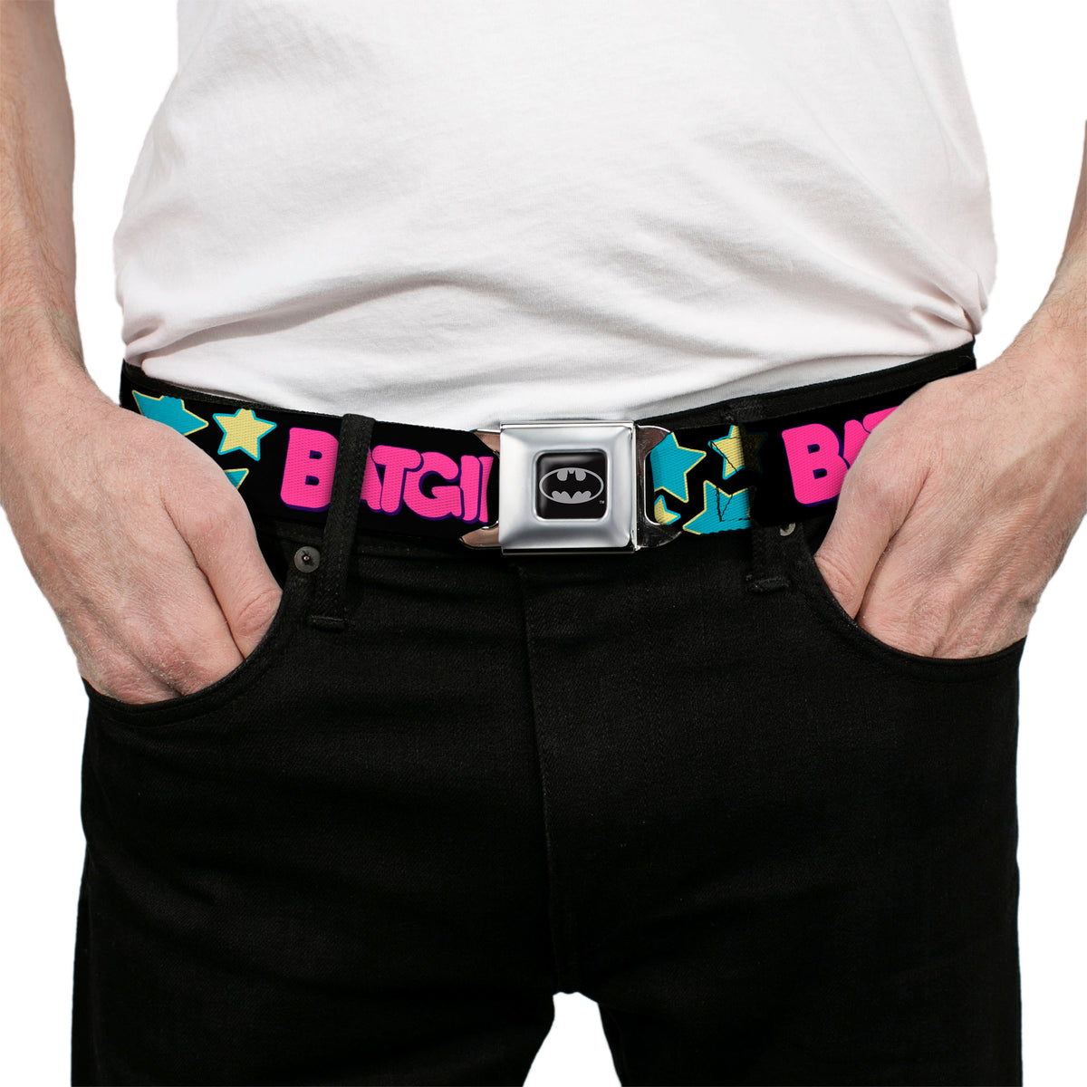 Batman Full Color Black Silver Black Seatbelt Belt - BATGIRL Running w/Stars Black/Pink/Yellow/Blue Webbing Seatbelt Belts DC Comics