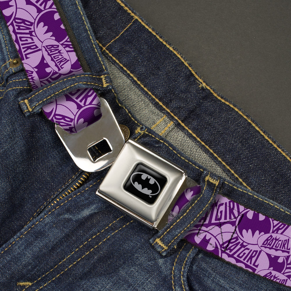 Batman Full Color Black Silver Black Seatbelt Belt - BATGIRL Logo/Bat Signal Stacked Purples Webbing Seatbelt Belts DC Comics