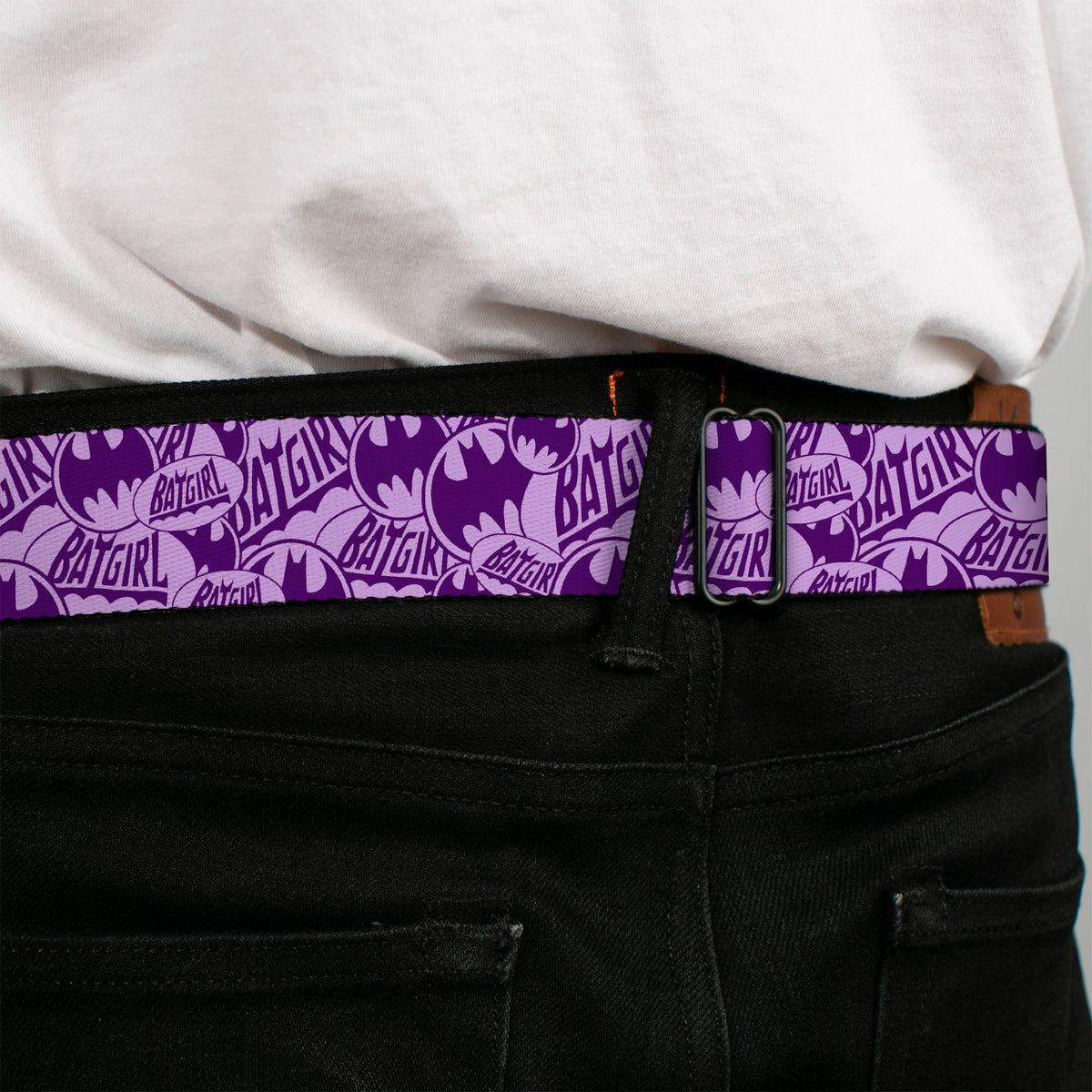 Batman Full Color Black Silver Black Seatbelt Belt - BATGIRL Logo/Bat Signal Stacked Purples Webbing Seatbelt Belts DC Comics