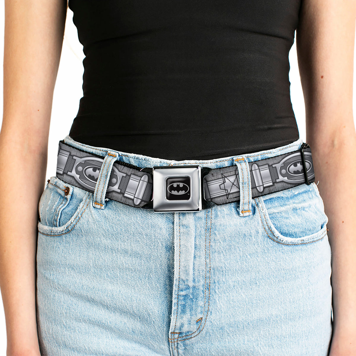 Batman Full Color Black Silver Black Seatbelt Belt - Batman Utility Belt Grays Webbing Seatbelt Belts DC Comics