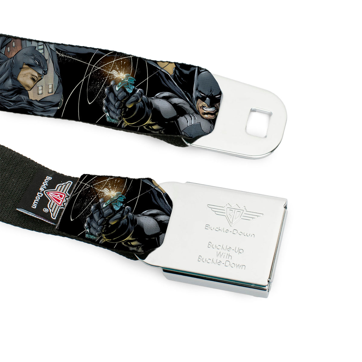 Batman Full Color Black Silver Black Seatbelt Belt - New 52 Batman Shooting/Jumping Poses Grays Webbing Seatbelt Belts DC Comics